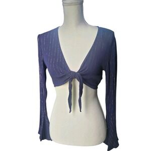 Forever 21 Sheer Pinstripe Tie-Front Crop Top Navy Blue Glitter Bell Sleeve M